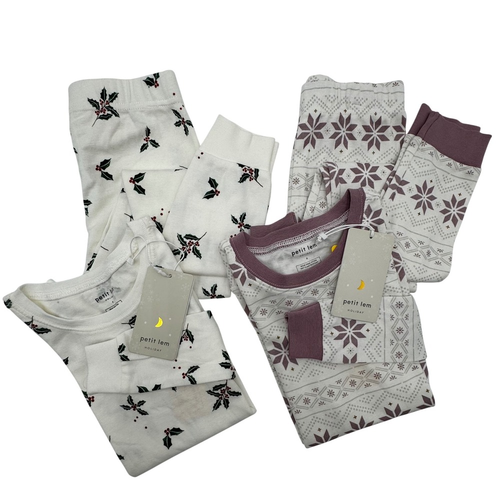 Petit Lem Kids Lot of 2 Pajama Set Organic Cotton Holiday Holly Snowflake Size 6